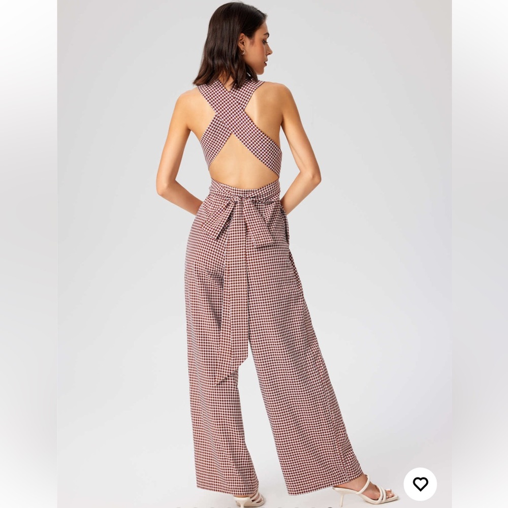 Cider Brown Gingham Plunge V-Neck One Piece Wide Leg Pantsuit Jumpsuit Size XL - Picture 4 of 16